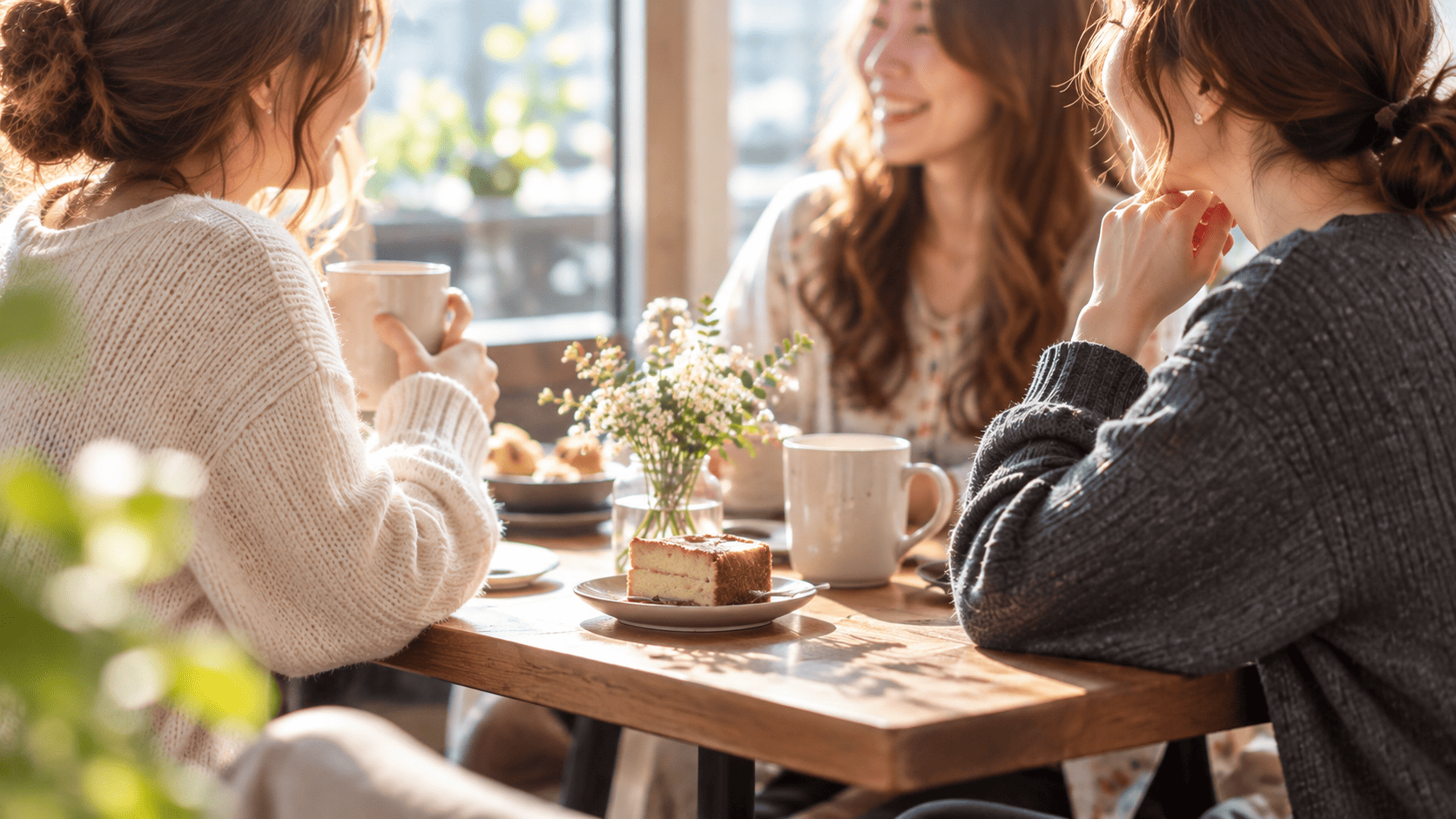 カフェで自然に笑いながら過ごす三人の女性