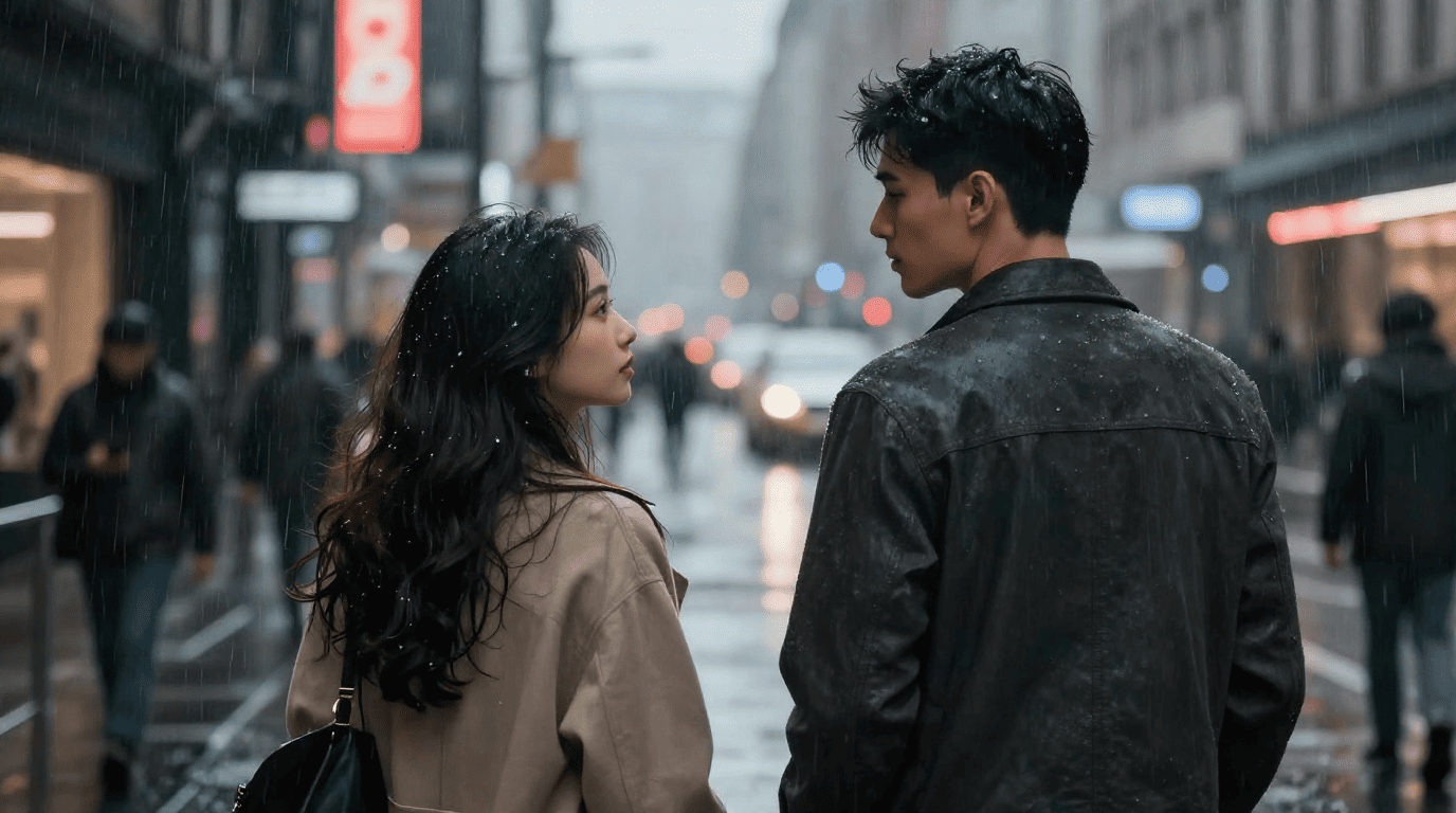 A woman and a man on a rainy city street, facing each other as blurred pedestrians pass by.