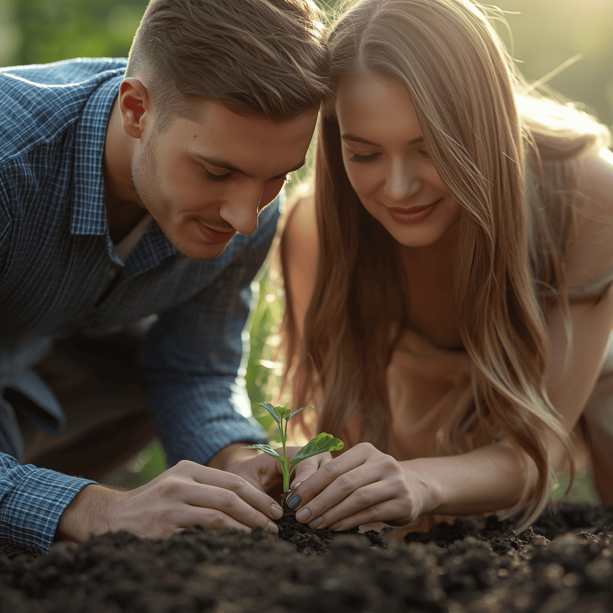 A couple crouches in soil outdoors, planting a small seedling together.