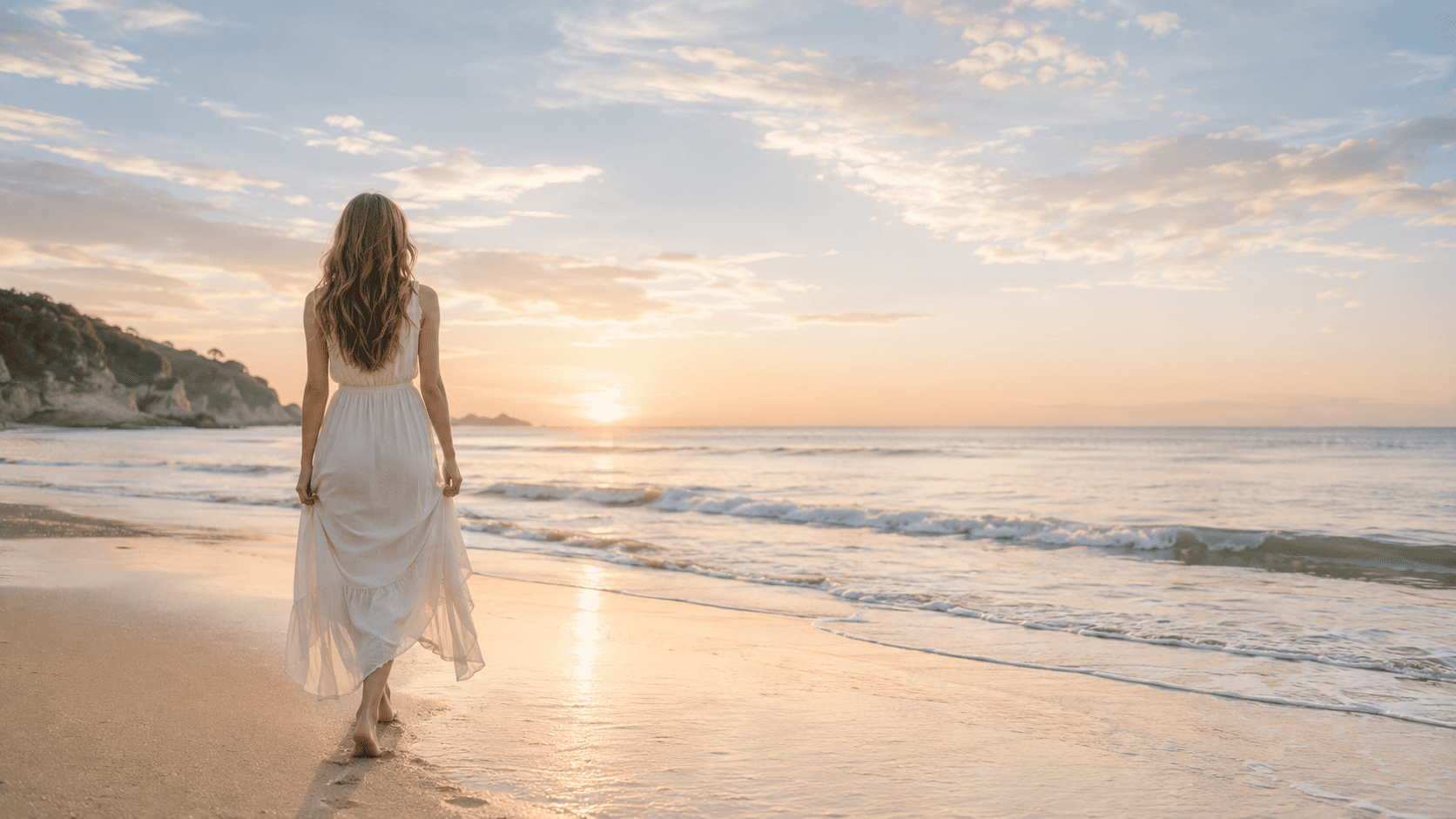 夕暮れの海辺を歩く白いワンピースの女性